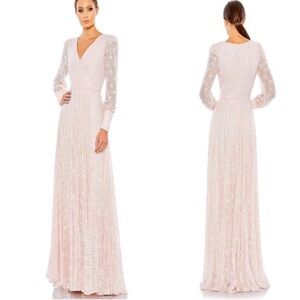 MAC DUGGAL 93679 Long Sleeve A Line Maxi Gown Dress Pink Lace Sequin 10